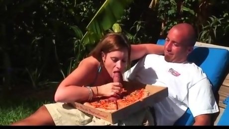 Busty bikini clad redhead Vanessa Lee fucks delivery boy outside