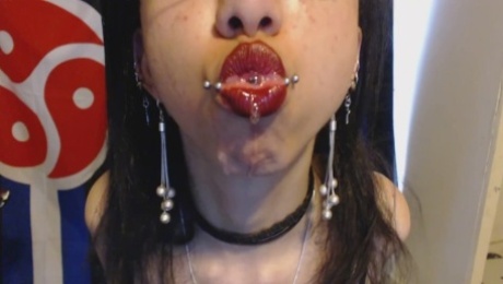 Goth with Red Lipstick Drools a Lot and Blows Spit Bubbles - Spit Fetish