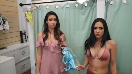 Tia Cyrus and Katana Kombat are getting fucked in the dressing room and enjoying it a lot